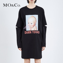 MOCO2018春季新品镂空胶印切割袖卫衣连衣裙MA181DRS218  摩安珂图片