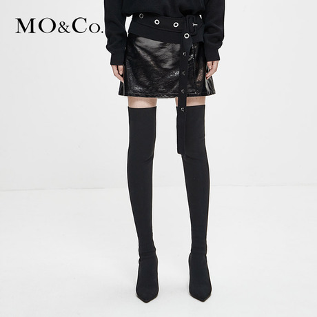 MOCO2018秋季新品漆皮金属侧拉链半身短裙 摩安珂商品大图