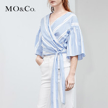 MOCO2018夏季新品绑带松紧喇叭袖条纹上衣 MA182TOP104摩安珂图片