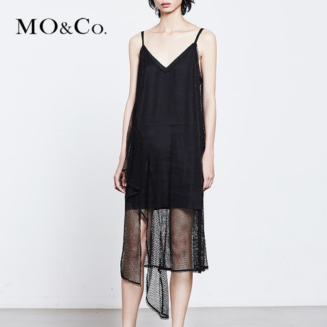 MOCO2018夏季新品V领网纱不规则裙摆两件套连衣裙MA182DRS214商品大图