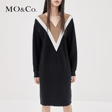 MOCO2018秋季新品醒目撞色V领羊织连衣裙MA183DRS312 摩安珂图片
