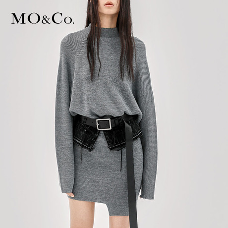 MOCO2018秋季新品简约圆领纯色羊毛连衣裙MA183DRS304 摩安珂商品大图