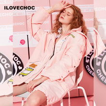 ILOVECHOC我爱巧克力春季新品时尚潮女装连帽风衣修身外套女长袖图片