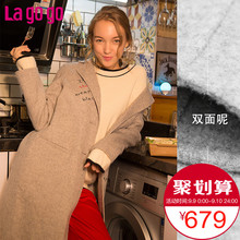 Lagogo秋冬女装外套中长款呢子 灰色刺绣韩版长袖毛呢大衣女图片