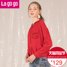 Lagogo2018春季新款红色甜美雪纺衬衫长袖休闲套头V领翻边上衣女
