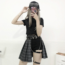 T恤上衣防走光腿环裤 韩版 女装 夏装 新款 高腰格子半身裙子套装 短袖