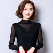 女装 秋冬百搭加绒性感蕾丝T恤上衣 女长袖 2019新款 高领网纱打底衫