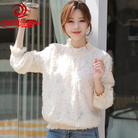 打底衫女长袖春秋季蕾丝半高领2018新款韩版白色修身女装纯色中领商品大图