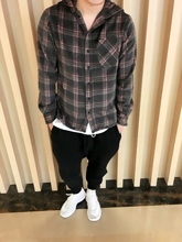 男女情侣打底衬衣连帽燕尾衬衫 津范陈冠希黑灰色格子羊毛长款 冬季