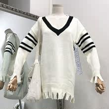 不规则破洞宽松连衣裙韩女 秋季H型V领长袖 潮流新款 J@22时尚