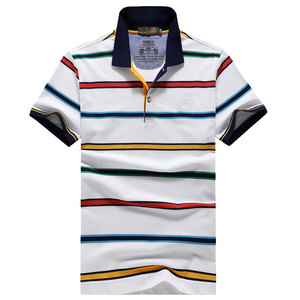 吉普盾夏季新款翻领条纹弹力全棉休闲短袖T恤男装珠地棉T恤衫