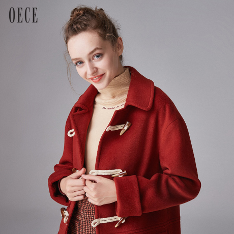 Oece冬装新款女装 学院风中长款牛角扣翻领羊毛呢大衣反季女外套商品大图