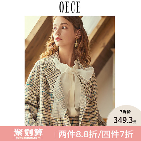 Oece2018冬装新款女装 时尚格子毛呢外套女冬学生呢子大衣中长款商品大图