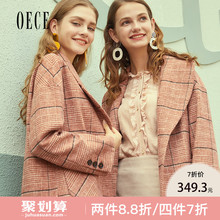 Oece2018冬装新款女装 复古流行格子毛呢外套女中长款呢子大衣冬图片