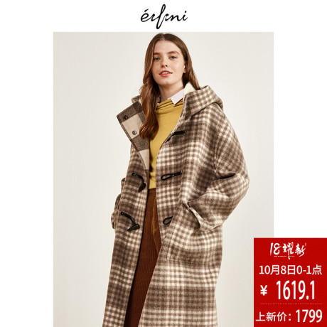 阿尔巴卡伊芙丽2018冬装新款复古格子毛呢外套连帽双面呢子大衣女商品大图