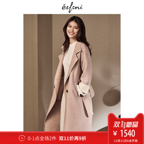 何穗同款伊芙丽2018冬装新款时尚中长款格子毛呢外套女双面呢大衣商品大图