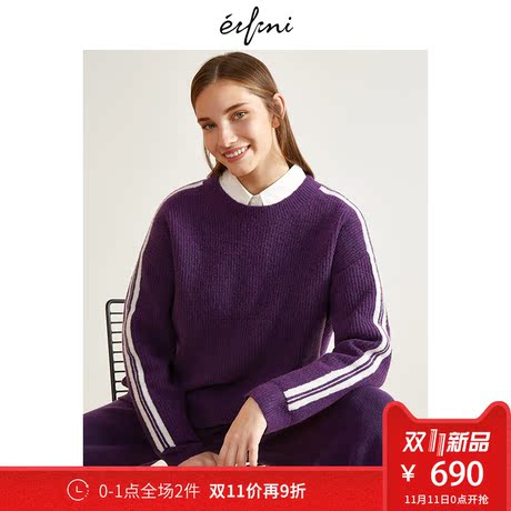 伊芙丽2018冬装新款韩版圆领长袖打底衫时尚休闲羊毛套头针织衫女商品大图