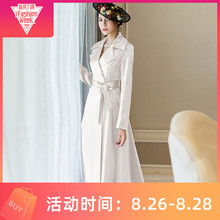 心水无忧新款过膝长款气质修身时尚西装领时尚长风衣外套白色