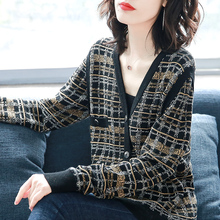 女春秋2019新款 上衣宽松休闲外套 女装 针织开衫 宝诗黎v领格子长袖