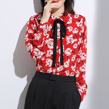 索菲丝尔2018秋季女装新款显瘦桑蚕丝印花上衣女长袖飘带衬衫女图片