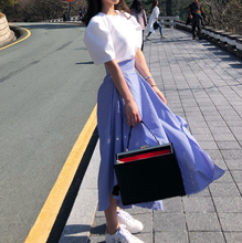 纯色TEE 细条纹高腰开叉半身裙 泡泡袖 夏日清爽套装 韩国
