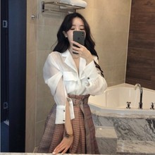 拼色格纹腰带半身裙 很美很仙 微透翻领防晒衬衫 自留款