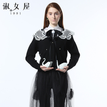 淑女屋2018年冬季新款修身柔软V领长袖黑色开衫毛衣图片
