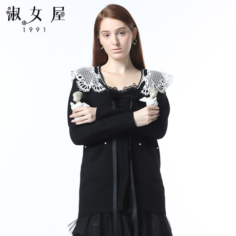 淑女屋2018年冬季新款修身柔软V领长袖黑色开衫毛衣商品大图