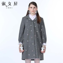 淑女屋2018年冬季新款灰底小碎花长款灯笼袖外套大衣图片