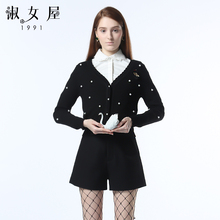 淑女屋2018年冬季新款修身柔软微弹黑底白珍珠开衫毛衣图片