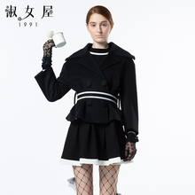 淑女屋2018年冬季新品黑色修身柔软西装款毛呢外套图片