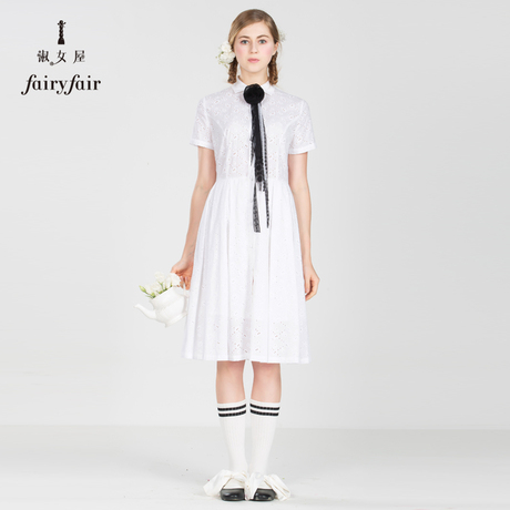 淑女屋2018夏装新款翻领镂空高腰短袖连衣裙白色长裙清纯淑女裙子商品大图