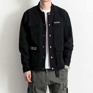 写意秋季新款日系复古多口袋工装夹克衫男装棒球领黑色休闲外套潮