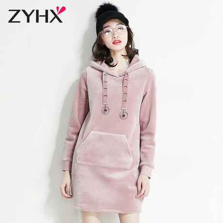 自由呼吸2018秋冬新款中长款金丝绒卫衣女加厚韩版连帽双面绒上衣商品大图