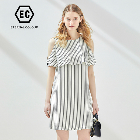 Eternal．Color/永恒颜色永恒颜色2018条纹漏肩中款宽松连衣裙商品大图