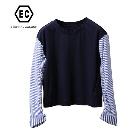 永恒颜色2018秋冬新款经典条纹拼接圆领长袖纽扣小衫女L398S845商品大图