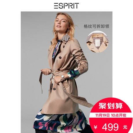 ESPRIT 女装秋新款格纹领中长款风衣外套女加厚内衬-088EE1G050商品大图