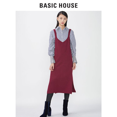 Basic House/百家好冬季吊带中长款连衣裙纯色修身无袖HQKT725D商品大图
