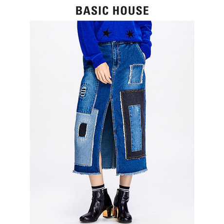 Basic House/百家好冬季中长款过膝牛仔裙拼接开叉半身裙HQSK721C商品大图