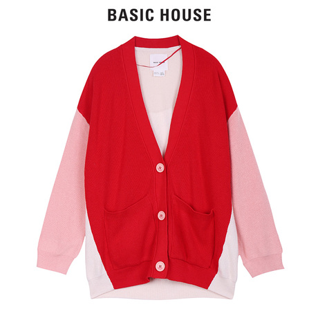 Basic House/百家好秋冬季新款外套针织衫拼色韩版开衫HSKT722A商品大图