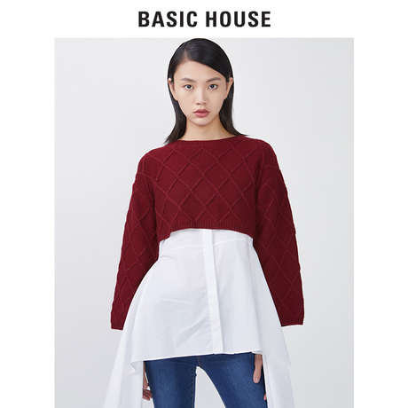 Basic House/百家好秋冬款长袖圆领针织衫中长款纯色毛衣HQKT721J商品大图