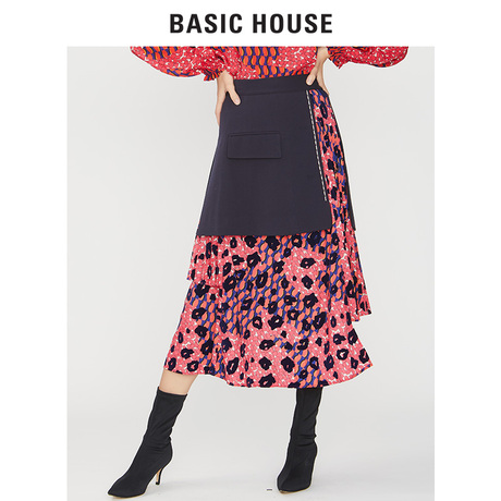 Basic House/百家好2018秋冬加绒拼色不规则印花半裙女HSSK721A商品大图
