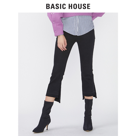 Basic House/百家好冬季新款修身显高微喇叭不规则牛仔裤HRDP727C商品大图