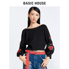 Basic House/百家好秋冬新款绣花灯笼袖圆领针织毛衣女HRKT725A图片