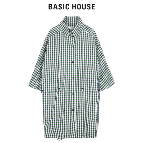 Basic House/百家好秋季新品格纹中长款翻领宽松衬衫女HSJP625A商品大图