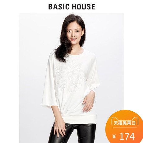 Basic House/百家好秋季新韩版时尚立体钉珠个性长袖T恤HQTS521I商品大图