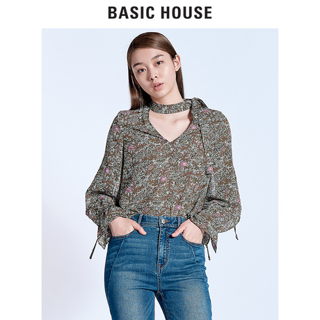 Basic House/百家好碎花V领衬衫喇叭袖学生印花清新衬衣HRBL525D商品大图