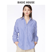 Basic House/百家好条纹衬衫女士职业OL蓝色休闲衬衣长袖HRWS525D图片