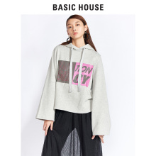 Basic House/百家好连帽字母印花喇叭袖短款卫衣女上衣HRTS727B图片