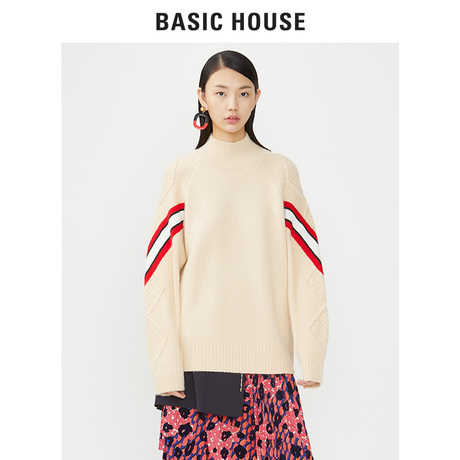 Basic House/百家好冬季新款条纹宽松小高领针织衫毛衣HSKT721F商品大图